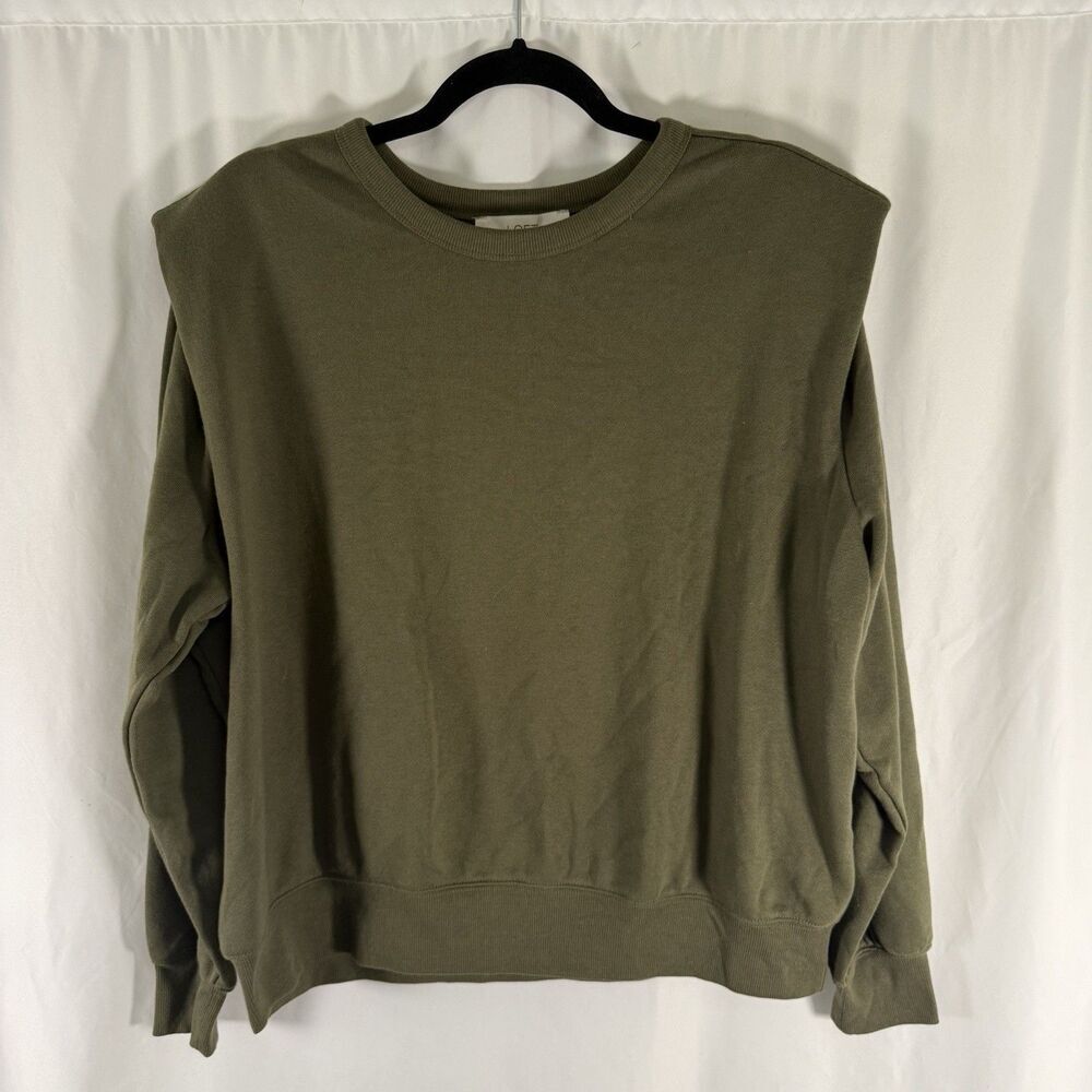 New LOFT Sweater Women's Large Solid Green Shoulder Pads Crew Neck Cotton Blend